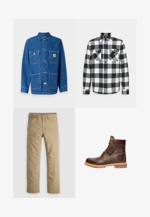 Jeansjacke in tiefblau mit langen Ärmeln, Knopfverschluss auf der Vorderseite, zwei Brusttaschen und einem Logopatch auf der linken Brust.; Schwarz-weißes Flanellhemd mit Karomuster, ausgestattet mit zwei Brusttaschen, Knopfleiste und Kragen. Weicher, strukturierten Stoff.; Khakifarbene Baumwollhose mit geradem Bein, Vordertaschen und Knopfverschluss. Glatte Textur und verstärkte Nähte für Langlebigkeit.; Braune Leder-Ankelstiefel mit runder Zehenpartie, robuster Sohle, goldfarbener Hardware und strukturiertem Obermaterial. Enthält ein angehängtes Logo-Tag.