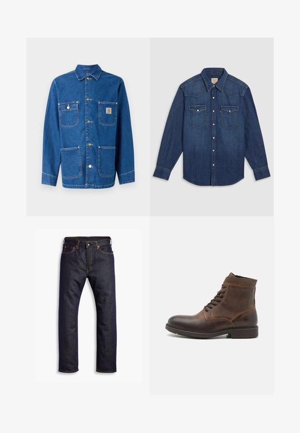 Jeansjacke in tiefblau mit langen Ärmeln, Knopfverschluss auf der Vorderseite, zwei Brusttaschen und einem Logopatch auf der linken Brust.; Dunkelblauses Jeanshemd mit langen Ärmeln, spitzem Kragen, weißen Druckknöpfen und zwei Brusttaschen. Verfügt über gestickte Schulterdetails.; Dunkelblaue gerade geschnittene Jeans aus Denim mit fünf Taschen und orangefarbenen Kontrastnähten, flach auf einem weißen Hintergrund ausgelegt.; Jack & Jones JFWDELANEY BOOT - Schnürstiefelette - cognac