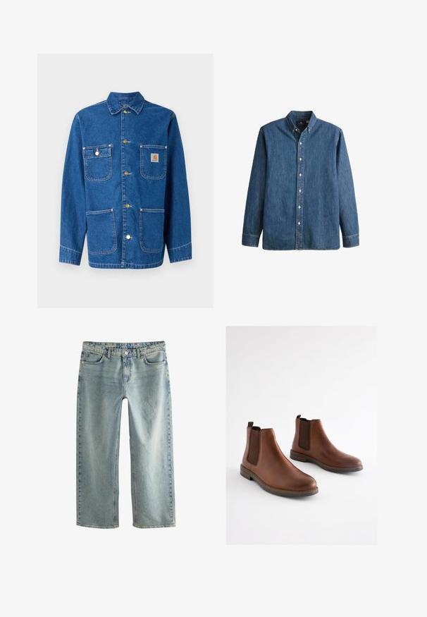 Denimjack met een diepe blauwe kleur, lange mouwen, knoopsluiting aan de voorkant, twee borstzakken en een logopatch op de linkerborst.; Denim overhemd met knopen in middelblauwe kleur, met lange mouwen, een puntkraag, witte knopen en een getailleerde pasvorm met subtiele geborduurde logo.; Lichtblauwe denim baggy jeans hebben een rechte pijp, een vijf-pocket ontwerp en een zichtbare metalen knoopsluiting.; Bruine leren enkellaarsjes met elastische zijpanelen, een afgeronde neus en een gestapelde hak. Gladde textuur met contrasterende bruine accenten.