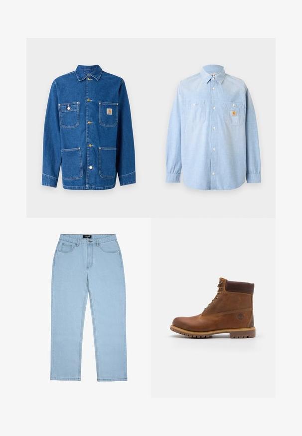 Denimjack met een diepe blauwe kleur, lange mouwen, knoopsluiting aan de voorkant, twee borstzakken en een logopatch op de linkerborst.; Lichtblauw overhemd met lange mouwen en knopen, met twee voorzakken, waarvan één met een Carhartt-logo patch en subtiele witte verfspatten.; Lichtblauwe jeans met rechte pijpen, voorzakken, riemlussen, knoopsluiting en zichtbare stikdetails.; Bruine leren wandelschoen met een gladde afwerking, gevoerde enkel, metalen oogjes en een rubberen zool met een robuust profiel.