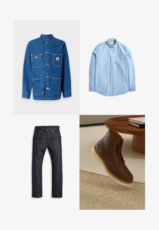 Denimjack met een diepe blauwe kleur, lange mouwen, knoopsluiting aan de voorkant, twee borstzakken en een logopatch op de linkerborst.; Lichtblauw button-up overhemd van katoen; heeft een kraag, lange mouwen, een zak op de linkerborst en een gladde, gestructureerde afwerking.; Donkerblauwe denim jeans met rechte snit, vijf zakken, metalen hardware en contrasterende oranje stiksels. Glad oppervlak, geen zichtbare patronen.; Bruine leren enkelboot met beige zool op een gestructureerd beige vloerkleed naast een ronde houten tafel met opgestapelde boeken.