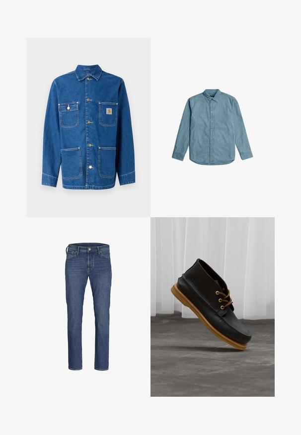 Jeansjacke in tiefblau mit langen Ärmeln, Knopfverschluss auf der Vorderseite, zwei Brusttaschen und einem Logopatch auf der linken Brust.; Hellblaues Denimhemd mit Button-Down-Kragen, langen Ärmeln und abgerundetem Saum. Verfügt über eine subtile Textur und eine standardmäßige Knopfblende.; Herren Jeans aus blauem Denim mit geradem Bein, fünf Taschen und klassischem Knopf- und Reißverschluss.; Schwarze Lederschuhe mit glatter Oberfläche, runder Zehenform, braunen Schnürsenkeln und hellbraunen Gummisohlen. Logo an der Seite geprägt.
