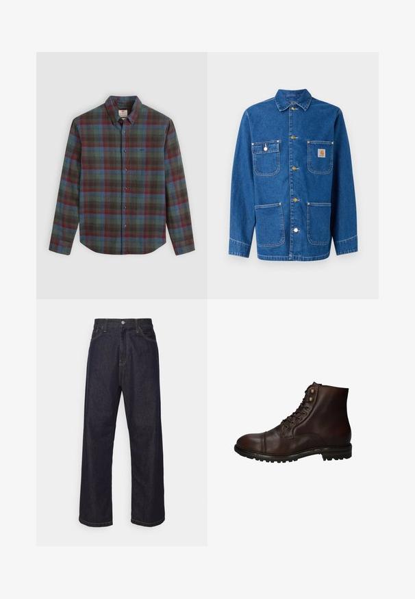 Veste en denim bleu foncé avec manches longues, fermeture à boutons sur le devant, deux poches poitrine et un écusson logo sur la poitrine gauche.; Chemise à manches longues pour hommes avec un motif tartan rouge, bleu et vert, col écarté et une poche poitrine.; Jean en denim droit bleu foncé avec des coutures jaunes, bouton frontal, fermeture éclair, et cinq poches.; Bottines montantes en cuir brun foncé à lacets, avec une semelle en caoutchouc robuste et des œillets en métal, vues du côté extérieur.