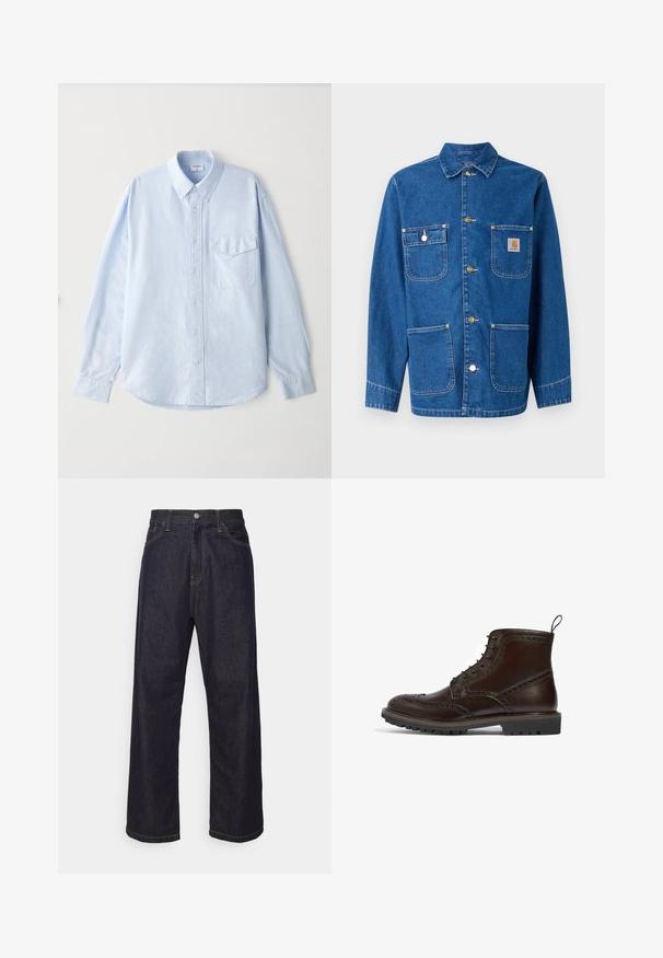 Jeansjacke in tiefblau mit langen Ärmeln, Knopfverschluss auf der Vorderseite, zwei Brusttaschen und einem Logopatch auf der linken Brust.; Hellblaues, knöpfbares Hemd aus weichem Stoff, mit einem klassischen Kragen, langen Ärmeln und einer Brusttasche mit Klappe.; Dunkelblaue Jeans im geraden Schnitt mit gelben Nähten, Knopfverschluss, Reißverschluss und Fünf-Taschen-Design.; Brauner Leder-Schnürstiefel mit Broguemuster, strukturiertem Obermaterial, Gummisohle und Zugschlaufe. Robuste Verarbeitung mit filigranen Details.