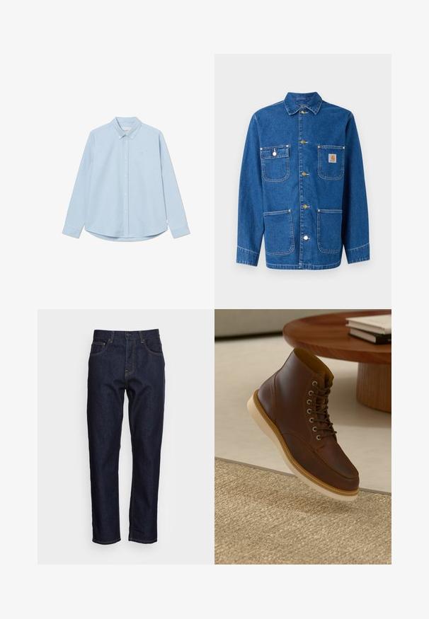 Jeansjacke in tiefblau mit langen Ärmeln, Knopfverschluss auf der Vorderseite, zwei Brusttaschen und einem Logopatch auf der linken Brust.; Himmelblaues langärmliges Button-up-Hemd mit spitzem Kragen, einem einzelnen Brustlogo und abgerundetem Saum. Hergestellt aus glattem Gewebe mit schlichter Textur.; Dunkelblaue Denim-Jeans mit geradem Schnitt, fünf Taschen und kontrastierendem gelben Nähten. Mit einem klassischen Knopf- und Reißverschluss ausgestattet.; Braune Leder-Ankle-Boots mit beiger Sohle auf einem strukturierten beigen Teppich neben einem runden Holztisch mit gestapelten Büchern.
