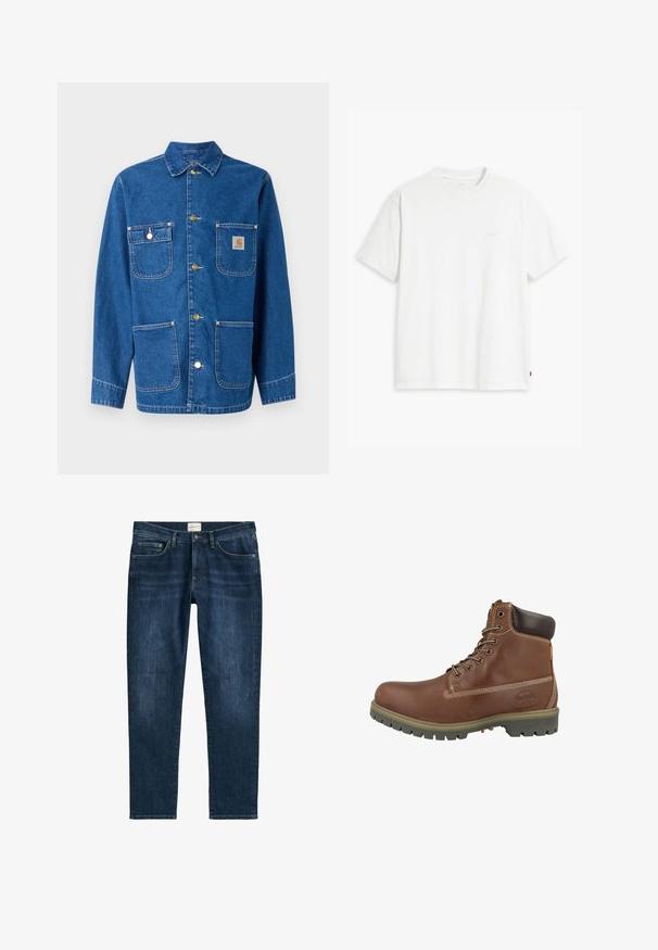 Denimjack met een diepe blauwe kleur, lange mouwen, knoopsluiting aan de voorkant, twee borstzakken en een logopatch op de linkerborst.; Wit katoenen T-shirt met korte mouwen, ronde hals en een subtiel "Levi's" logo in een lichte kleur op de voorkant gedrukt.; Donkerblauwe denim jeans met een rechte pijp, vijf zakken, riemlussen en subtiele vervaging. De stof heeft een gladde textuur.; Bruine leren enkellaars met een afgeronde neus, gevoerde kraag, witte stiksels en een rubberen buitenzool met een gripprofiel.