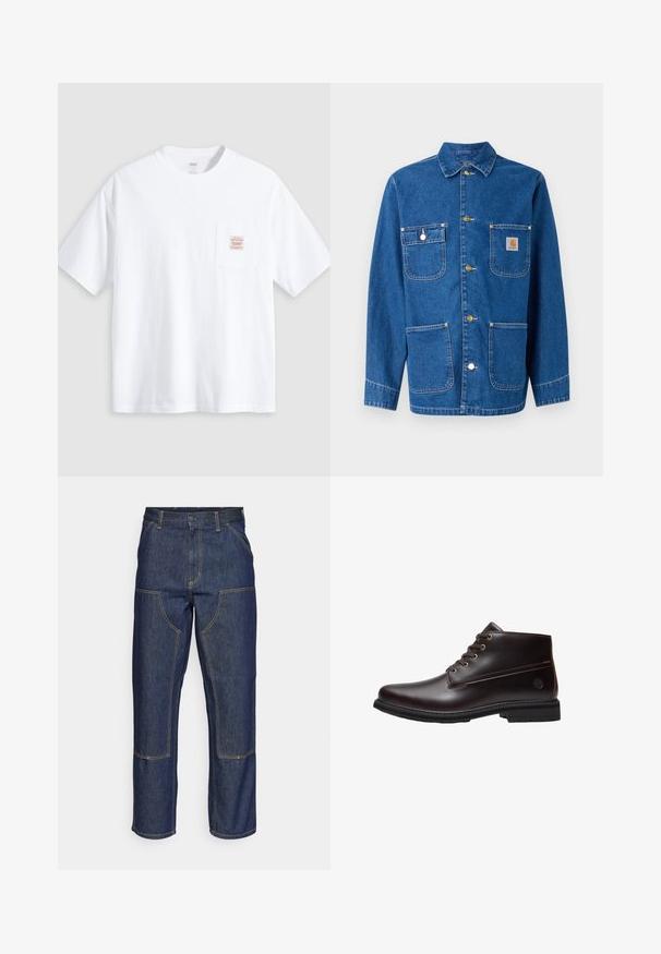 Jeansjacke in tiefblau mit langen Ärmeln, Knopfverschluss auf der Vorderseite, zwei Brusttaschen und einem Logopatch auf der linken Brust.; Weißes T-Shirt mit kurzen Ärmeln und Rundhalsausschnitt sowie einer kleinen Brusttasche vorne mit einem beige-roten rechteckigen Label.; Dunkelblaue Jeans aus Denim mit hoher Taille, geradem Bein-Design, kontrastierenden Nähten und aufgesetzten Taschen auf der Vorderseite.; Dunkelbrauner Leder-Schnürstiefel mit schwarzer Sohle und dezentem Markenlogo an der Seite, im Profil vor weißem Hintergrund gezeigt.