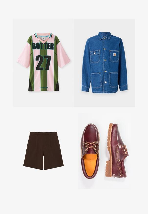 Denimjack met een diepe blauwe kleur, lange mouwen, knoopsluiting aan de voorkant, twee borstzakken en een logopatch op de linkerborst.; Groen en roze gestreepte trui met V-hals, met het nummer 27 in het zwart, "BOTTER" erboven gedrukt en "ANTWERP" onderaan.; Donkerbruine knielange op maat gemaakte shorts met riemlussen en voorplooien, plat weergegeven op een witte achtergrond.; Bordeaux leren schoenen met bruine rubberen zolen, ronde neus, witte stiksels en gouden veterogen. Het interieur heeft een gele voering.