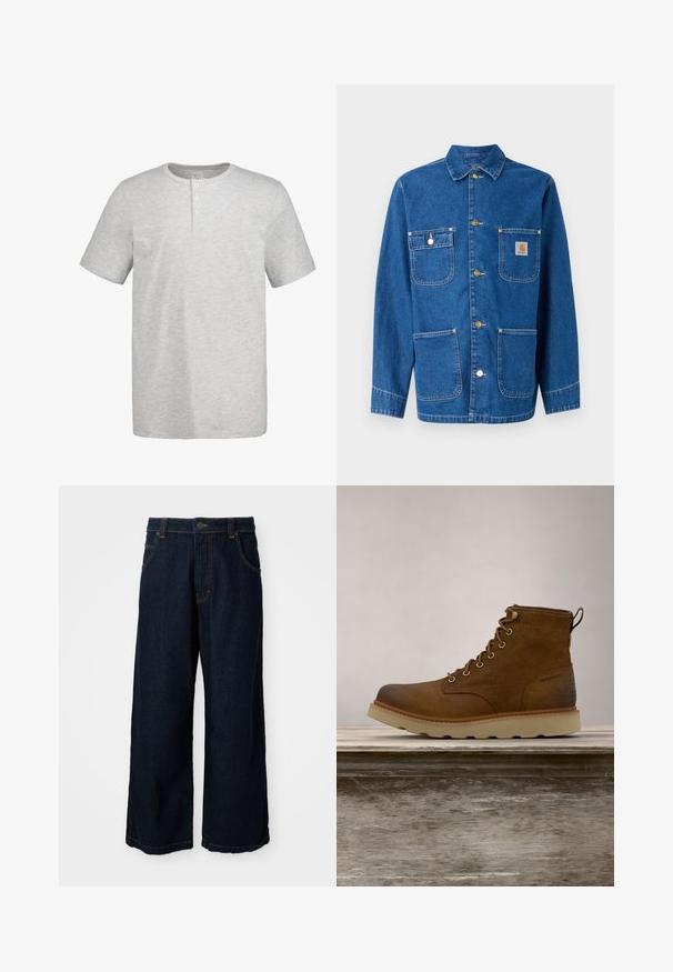 Chaqueta de denim en azul profundo con mangas largas, cierre frontal de botones, dos bolsillos en el pecho y un parche de logo en el lado izquierdo del pecho.; Camiseta henley de manga corta de color gris claro con cuello redondo y tres botones blancos en la tapeta frontal.; Jeans de pierna ancha en denim azul oscuro, con costuras doradas, cierre de botón y cuatro bolsillos. El dobladillo está ligeramente deshilachado.; Botín impermeable marrón hecho de cuero texturizado, con ojales dorados, puntera redondeada y una suela de goma ligera y texturizada.