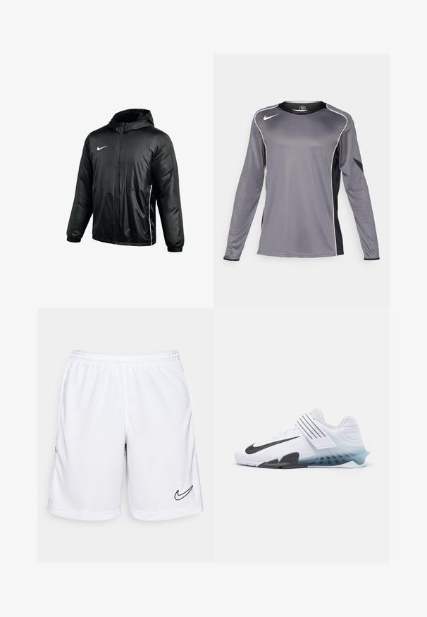 Sort Nike hættetrøje med frontlynlås, elastiske manchetter og subtile hvide detaljer på siderne til mænd eller unisex.; Langærmet atletisk skjorte i grå med sorte accenter. Lavet af glat, letvægtsstof. Har hvid piping langs skuldrene.; Hvide atletiske shorts lavet af fugttransporterende stof, med en elastisk talje og sort Nike-logo på venstre side.; Hvide atletiske sko med sort Nike swoosh, mesh-overdel, tre sorte striber og en gradient sål fra blå til klar. Har forstærkede detaljer.