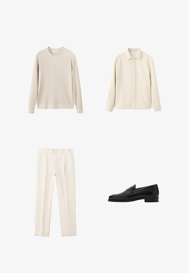 Chemise boutonnée couleur crème avec col, manches longues, texture douce et coupe droite. Présente un design uni sans motifs.; Pull beige côtelé à manches longues et col rond. Fabriqué dans un matériau doux, il présente une coupe décontractée et des détails minimaux.; Pantalon beige sur mesure avec un devant plat, des plis, des poches latérales et une fermeture à bouton. Tissu lisse avec une coupe droite.; Mocassin penny en cuir noir avec talon bas, bout arrondi et une bride sur la partie supérieure de la chaussure.
