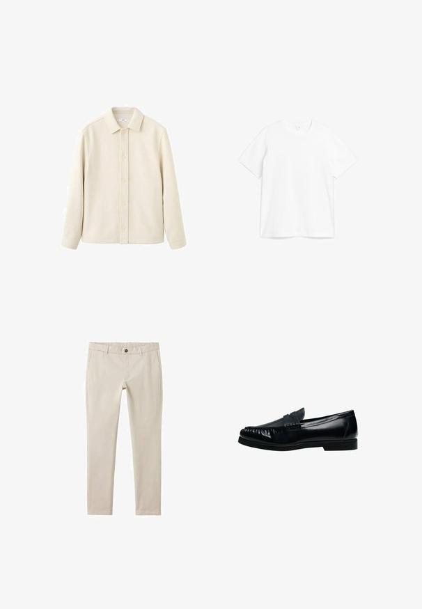 Chemise boutonnée couleur crème avec col, manches longues, texture douce et coupe droite. Présente un design uni sans motifs.; T-shirt en coton blanc avec un col rond et des manches courtes. Le tissu semble lisse avec un design classique et droit.; Pantalon beige clair en tissu lisse, doté d'une coupe droite, de poches avant, d'une fermeture à bouton unique et d'un ourlet net.; Mocassin penny loafer pour homme en cuir noir avec bout moc cousu et petit talon, présenté de profil sur fond blanc.