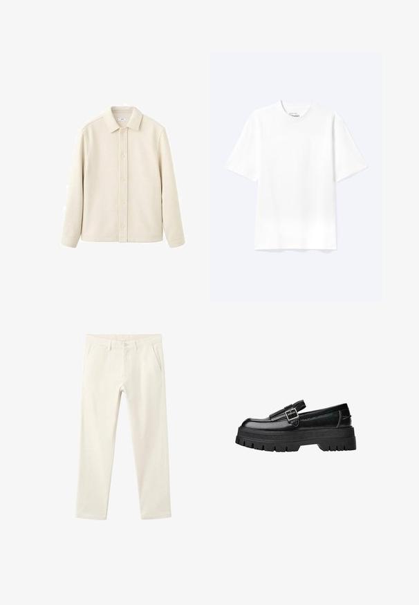 Chemise boutonnée couleur crème avec col, manches longues, texture douce et coupe droite. Présente un design uni sans motifs.; T-shirt blanc uni à manches courtes et col rond avec une coupe décontractée, présenté sur un fond clair.; Pantalon en velours côtelé blanc à coupe droite, avec deux poches avant et une fermeture par bouton à la taille, tissu côtelé texturé.; Mocassin en cuir noir avec une finition brillante, doté d'un détail de boucle et d'une semelle extérieure épaisse et texturée pour une meilleure adhérence et stabilité.