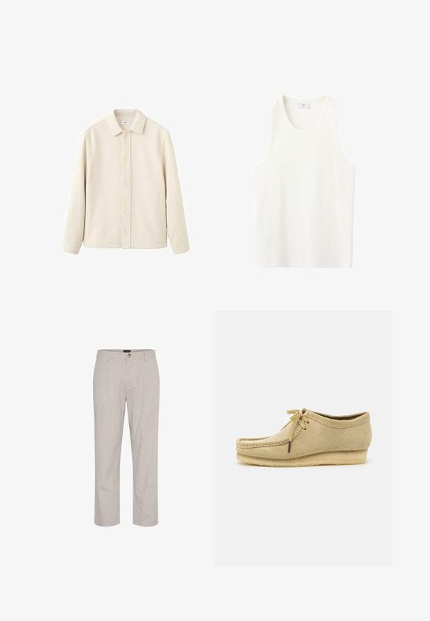 Chemise boutonnée couleur crème avec col, manches longues, texture douce et coupe droite. Présente un design uni sans motifs.; Débardeur blanc côtelé sans manches avec un col rond et un ourlet droit, présenté sur un fond uni.; Pantalons rayés gris clair, coupe droite, avec une fermeture à bouton unique à la taille et deux poches avant. Texture lisse.; Chaussure en daim beige avec un design à lacets, des détails cousus et une semelle en caoutchouc. La forme est décontractée avec un léger talon compensé.