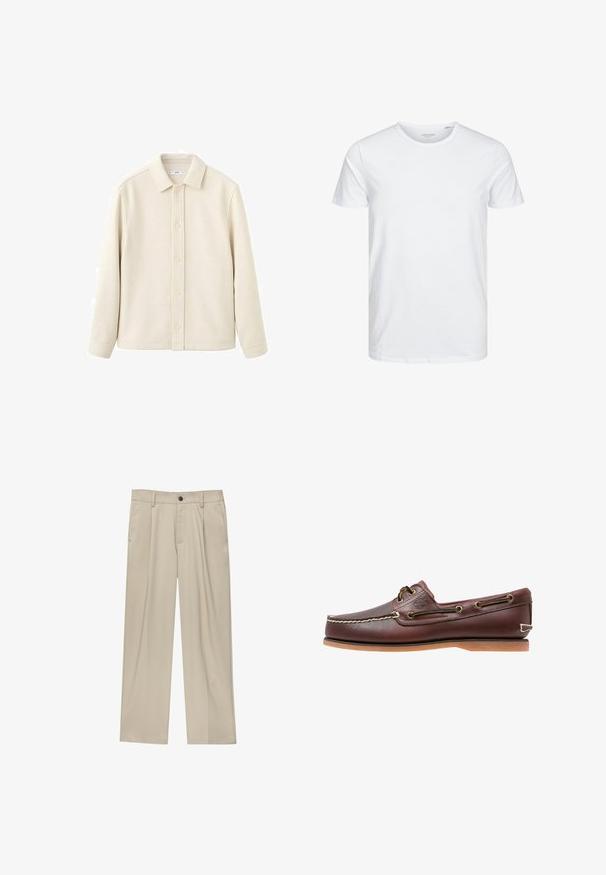 Chemise boutonnée couleur crème avec col, manches longues, texture douce et coupe droite. Présente un design uni sans motifs.; T-shirt à col rond à manches courtes de couleur blanche unie, fabriqué en coton doux, avec un design simple sans motifs ni accents visibles.; Pantalon beige coupe droite avec passants de ceinture, fermeture par bouton, poches avant et pli marqué sur chaque jambe.; Chaussure bateau en cuir marron avec coutures blanches, détails de lacets et semelle en caoutchouc beige, vue de côté sur fond blanc.