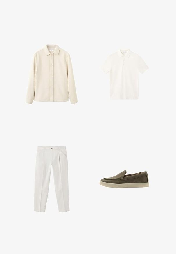 Chemise boutonnée couleur crème avec col, manches longues, texture douce et coupe droite. Présente un design uni sans motifs.; Polo blanc à manches courtes avec col et patte à trois boutons, présenté sur un fond blanc uni.; Pantalon droit couleur crème avec poches avant et passants pour ceinture, fermeture par bouton et zip, présenté sur fond blanc.; Mocassin à enfiler en daim marron avec semelle en caoutchouc beige, bout arrondi et petit talon, présenté de profil sur fond blanc.
