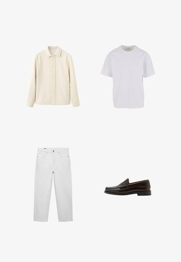 Chemise boutonnée couleur crème avec col, manches longues, texture douce et coupe droite. Présente un design uni sans motifs.; T-shirt blanc à manches courtes en coton doux, avec un col rond et une coupe décontractée à ourlet droit. Aucun motif ni accent visible.; Jean blanc taille haute à jambes droites avec poches avant, passants pour ceinture et fermeture à bouton en laiton.; Mocassin penny en cuir marron foncé avec bout moc cousu, talon bas et finition lisse, présenté de profil sur fond blanc.