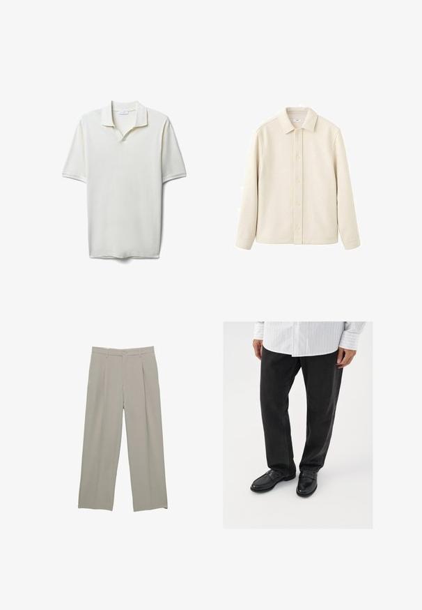Sahnefarbene Hemdbluse mit Kragen, langen Ärmeln, weicher Textur und geradem Schnitt. Verfügt über ein schlichtes Design ohne Muster.; Kurzärmliges Polohemd mit V-Ausschnitt in Off-White aus strukturiertem Stoff. Verfügt über einen klassischen Kragen und einen lockeren Schnitt.; Hellgraue weit geschnittene Hosen mit glatter Textur, mit vorderen Falten, Knopfverschluss und seitlichen Taschen.; Schwarze Jeans kombiniert mit glänzenden schwarzen Slippern. Das Hemd ist weiß mit dünnen vertikalen Streifen, hat lange Ärmel und einen geknöpften Kragen.