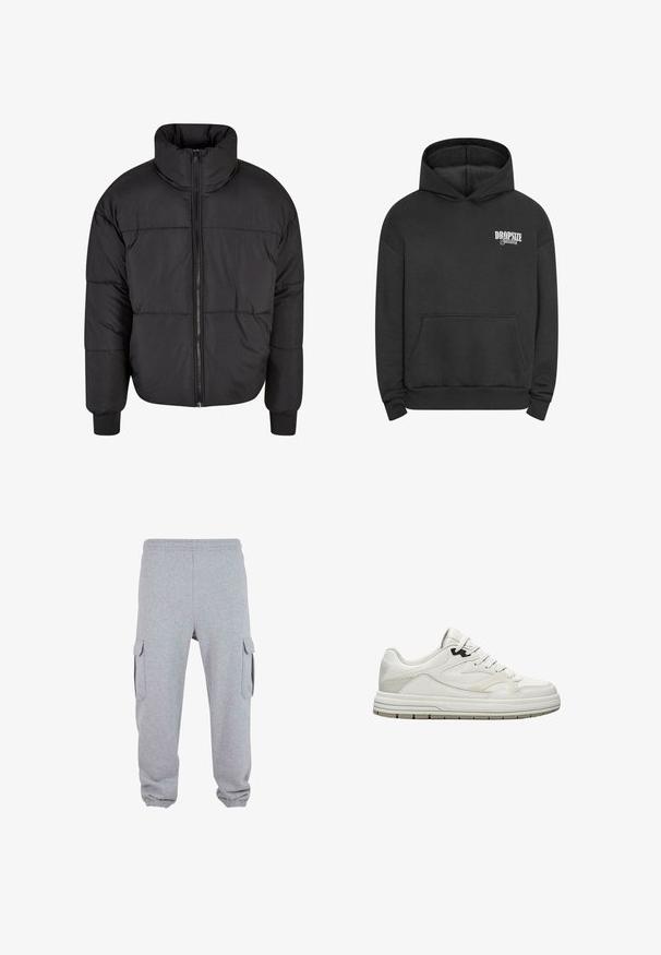 Veste matelassée noire avec col haut, fermeture éclair sur toute la longueur et design matelassé. Les poignets sont élastiqués pour un ajustement parfait.; Haut à capuche noir en mélange de coton, avec une poche à l'avant, des poignets côtelés et un logo blanc sur la zone gauche de la poitrine. Design classique à enfiler.; Pantalons de survêtement gris en tissu doux, dotés de deux poches cargo latérales, d'une taille élastique et de poignets élastiques aux chevilles.; Baskets basses blanches avec fermeture à lacets, accents gris subtils et semelle épaisse avec relief pour l’adhérence.