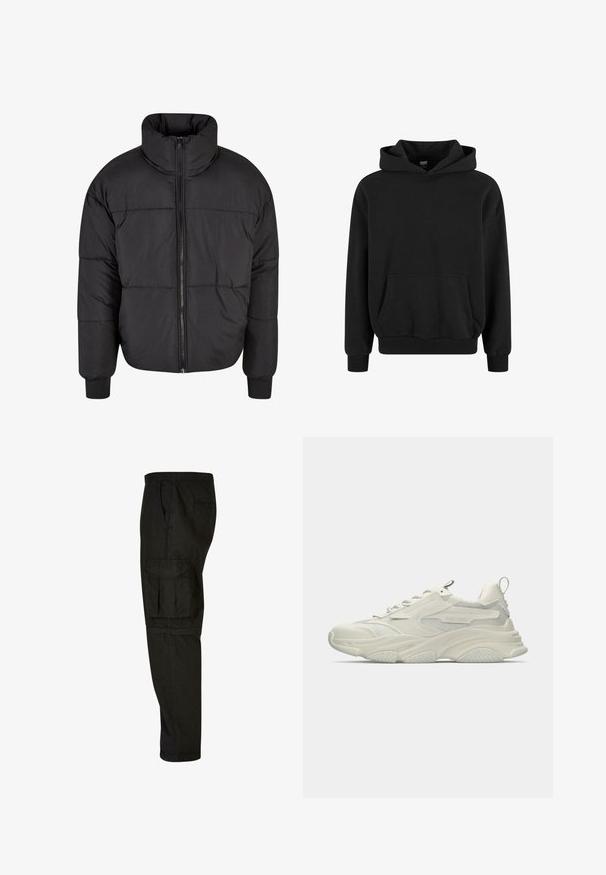 Schwarze Pufferjacke mit hohem Kragen, durchgehendem Reißverschluss und gestepptem Design. Die Bündchen sind elastisch für einen engen Sitz.; Schwarzer Hoodie mit Kängurutasche, weiten Ärmeln und gerippten Bündchen sowie Saum. Hergestellt aus weichem Stoff mit glatter Textur.; Schwarze Cargo-Hosen mit lockerer Passform, elastischem Bund, Seitentaschen und einer großen Cargotasche am Oberschenkel. Weicher, leichter Stoff.; Klobiger weißer Sneaker mit Netzakzenten, texturierter Gummisohle und abgerundeter Form. Verfügt über minimalistisches Branding und eine Ziehschlaufe an der Ferse.