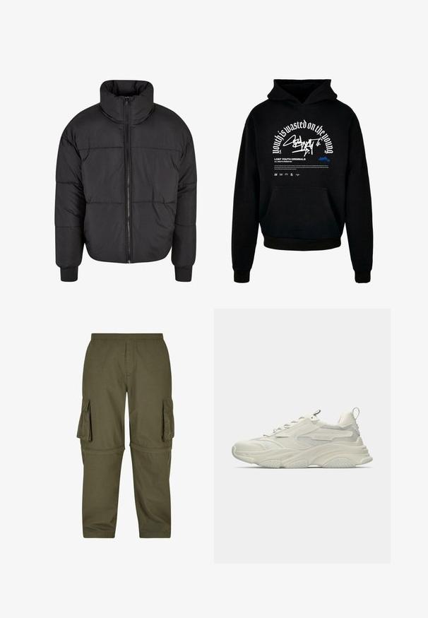 Schwarze Pufferjacke mit hohem Kragen, durchgehendem Reißverschluss und gestepptem Design. Die Bündchen sind elastisch für einen engen Sitz.; Schwarzer Kapuzenpullover mit Fronttasche. Ausgestattet mit fettem weißen Text und Grafikdesign. Hergestellt aus weichem Material, mit gerippten Bündchen und Saumabschlüssen.; Olivgrüne Cargo-Hosen aus leichtem Material, mit mehreren Seitentaschen, einem elastischen Bund und einem geraden Schnitt.; Klobiger weißer Sneaker mit Netzakzenten, texturierter Gummisohle und abgerundeter Form. Verfügt über minimalistisches Branding und eine Ziehschlaufe an der Ferse.