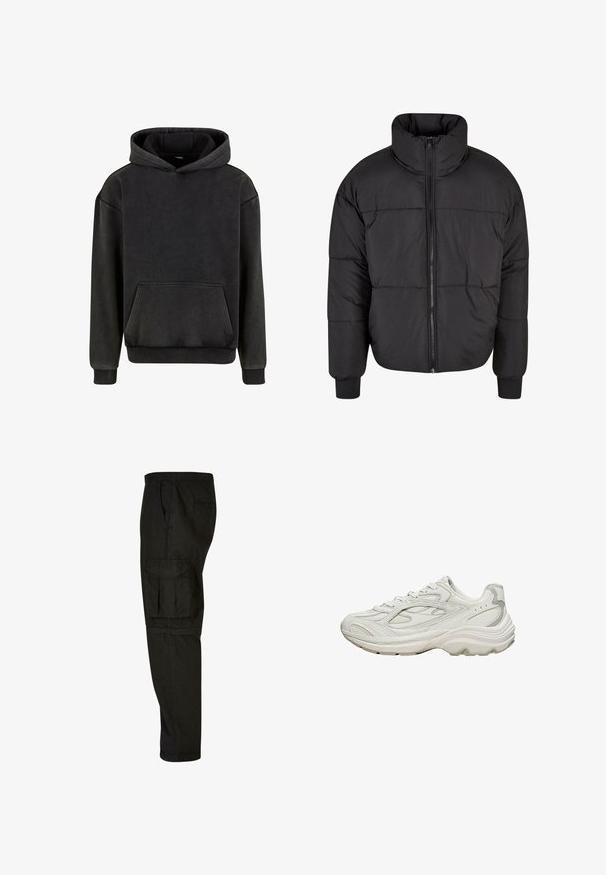Zwarte pufferjack met een hoge kraag, volledige rits aan de voorkant en een gewatteerd ontwerp. De mouwen zijn elastisch voor een snug fit.; Urban Classics Hoodie - magnet; Zwarte cargobroek met een relaxte pasvorm, elastische tailleband, zijzakken en een grote cargozak op de dij. Zacht, lichtgewicht stof.; Witte sneaker met een gestructureerd bovenwerk en een dikke zool. Kenmerken zijn onder andere gebogen lijnen, subtiele grijze accenten en een veterontwerp.