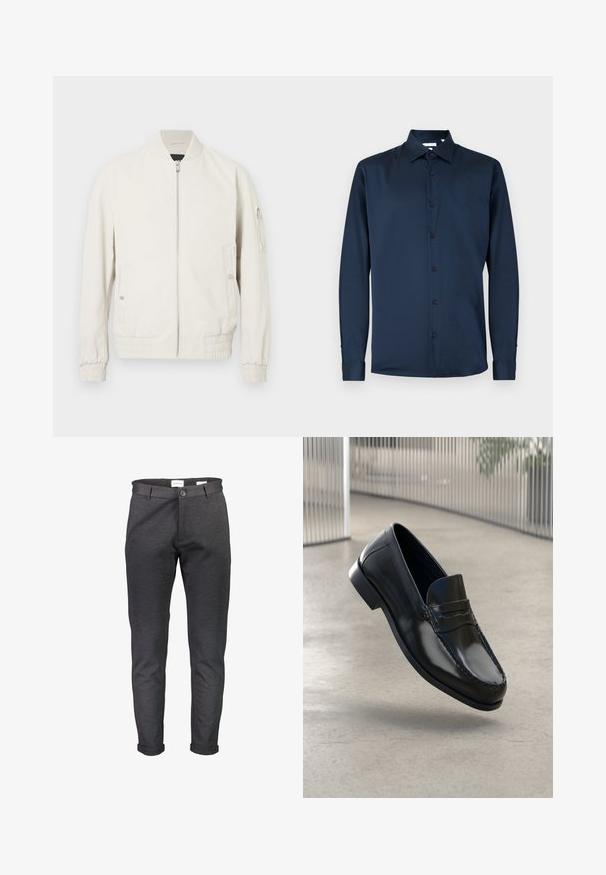 Veste bomber gris clair avec fermeture éclair sur le devant, col et poignets côtelés, deux poches latérales et une poche zippée sur la manche gauche. Texture lisse.; Chemise bleu marine à manches longues en tissu lisse, dotée d'un col classique, d'une patte de boutonnage complète et de poignets boutonnés.; Pantalon slim gris foncé en tissu doux, doté d'une fermeture à boutons, de passants pour ceinture et d'ourlets retroussés. Texture lisse sans motifs.; Mocassins en cuir noir à finition lisse, bout arrondi, coutures décoratives et semelle extérieure légèrement surélevée.