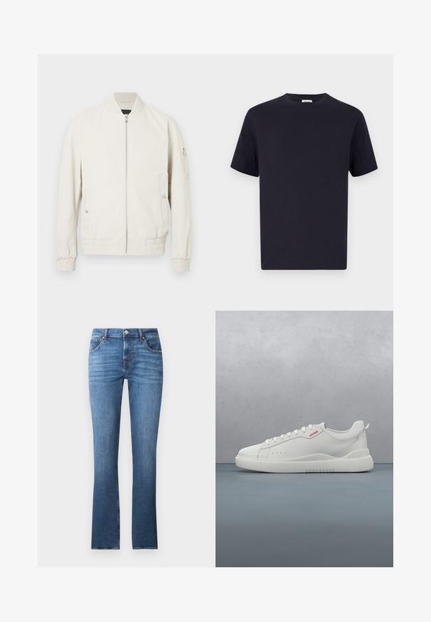 Veste bomber gris clair avec fermeture éclair sur le devant, col et poignets côtelés, deux poches latérales et une poche zippée sur la manche gauche. Texture lisse.; T-shirt en coton bleu marine avec un col rond, des manches courtes et une coupe décontractée ; texture lisse ; sans motifs ni quincaillerie visibles.; Jean en denim bleu avec une coupe droite, présentant un léger délavage, cinq poches et des éléments en métal. La ceinture comprend des passants de ceinture.; Sneaker blanche avec une finition en cuir lisse, bout rond, quatre œillets, perforations subtiles et un détail de logo rouge sur le côté.