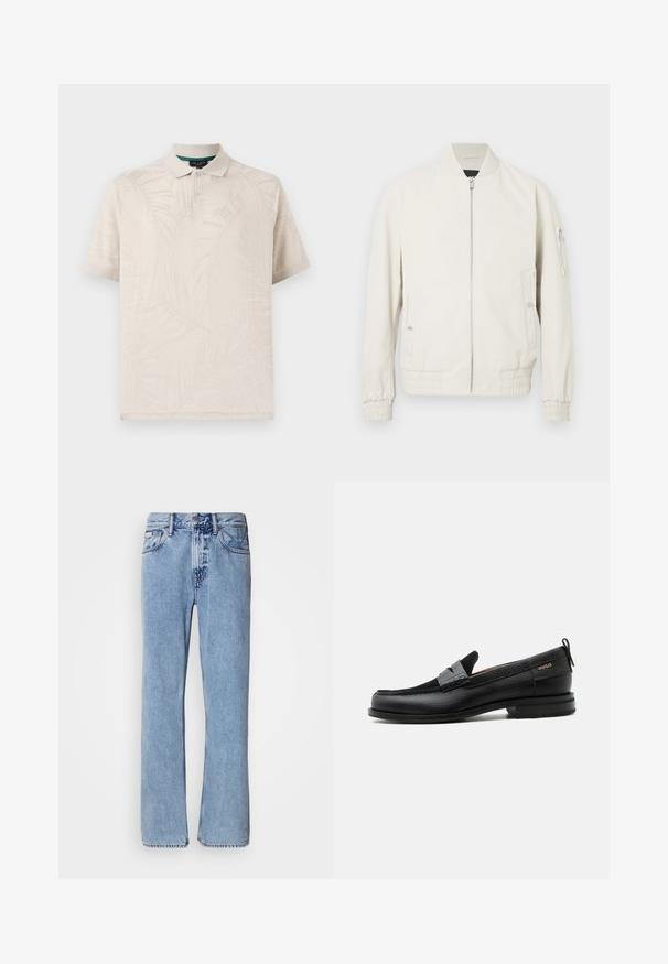 Vaaleanharmaa bomber-takki, jossa on vetoketju etuosa, ribbauskaulus ja hihansuut, kaksi sivutaskua ja vetoketjutasku vasemmassa hihassa. Sileä rakenne.; Beige-painikuväline, mis on valmistatud tekstuurse kangast ja millel on õrn palmilehe muster. Tükk on klassikalise kaelusega ja kaeluses on kaks nuppu.; Vaaleansiniset farkut, joissa on suora lahkeiden muotoilu, viisi taskua ja napitus. Ompeleet taskujen ja vyötärökaistaleen lähellä.; Musta nahkalesti harmaalla remmikoristeella, matala korko ja teksturoitu pohja, sivustalla kullanvärisellä "HUGO"-brändillä.