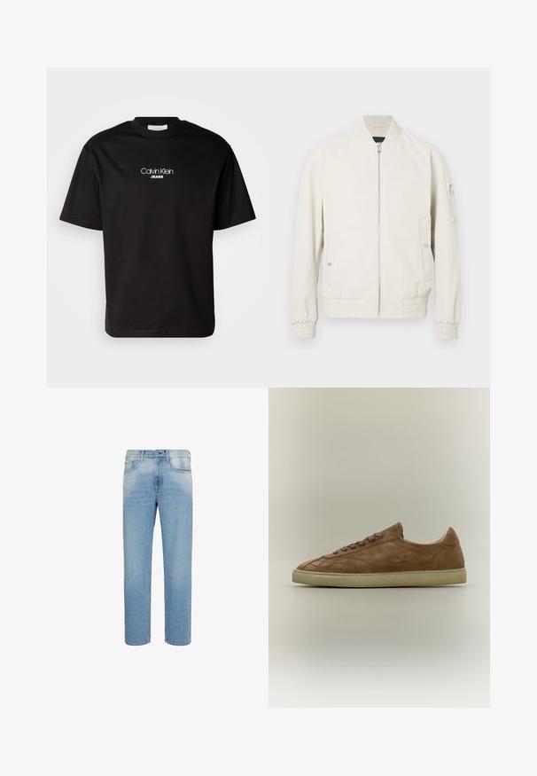 Chaqueta bomber de color gris claro con cremallera frontal, cuello y puños acanalados, dos bolsillos laterales y un bolsillo con cremallera en la manga izquierda. Textura suave.; Camiseta de algodón negra con cuello redondo, mangas cortas y logotipo blanco "Calvin Klein JEANS" en el frente. Diseño simple y de corte recto.; Vaqueros azul claro de corte recto con bolsillos delanteros, trabillas para el cinturón y cierre de botones, mostrados sobre un fondo blanco.; Zapatilla baja de ante marrón con cordones a juego y suela de goma beige, mostrada en perfil lateral sobre fondo neutro.