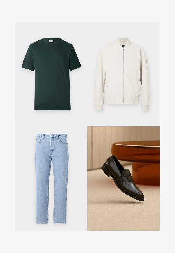 Chaqueta bomber de color gris claro con cremallera frontal, cuello y puños acanalados, dos bolsillos laterales y un bolsillo con cremallera en la manga izquierda. Textura suave.; Camiseta de manga corta en verde oscuro, hecha de algodón suave, con cuello redondo y un ajuste relajado, sin patrones ni adornos visibles.; Vaqueros de mezclilla de color azul claro con un diseño de pierna recta, cinco bolsillos y cierre de botones. Textura suave con un acabado clásico descolorido.; Mocasín de cuero negro con un diseño elegante, que presenta una banda texturizada y un acabado suave. Colocado sobre un fondo claro y suave.