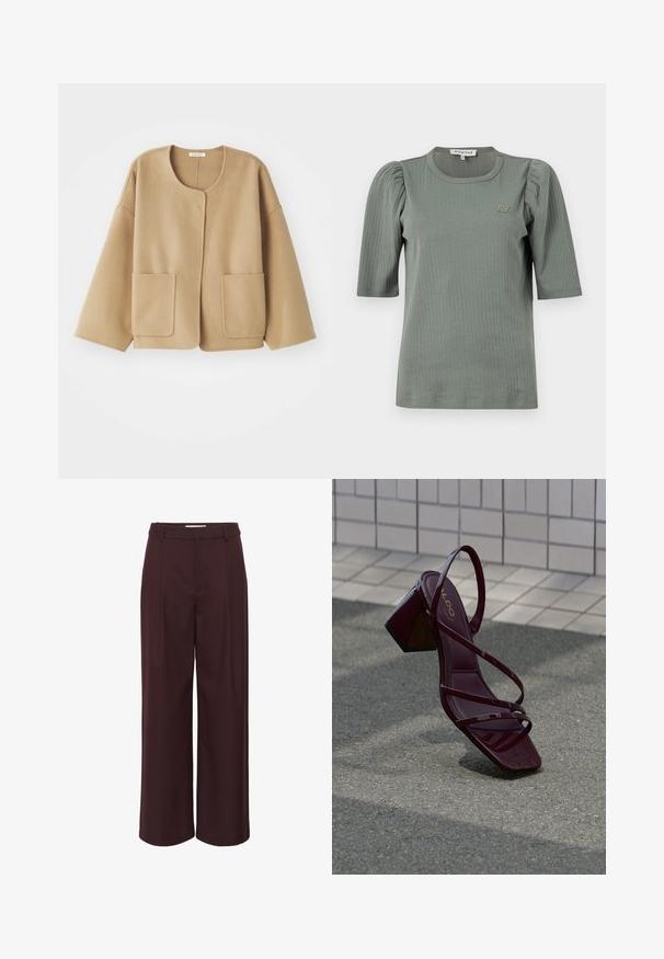 Beige, uld-blandet jakke med rund halsudskæring, sænkede skuldre og to frontlommer. Enkel, afslappet design med en glat tekstur.; Grøn ribstrikket t-shirt med korte pufærmer, rund halsudskæring og et diskret logo på brystet. Glat tekstur og tætsiddende design.; Vide benbukser i dyb bourgogne, lavet af et glat stof. Har en høj talje med folder og enkle bæltestropper for et skræddersyet udseende.; Burgunderrød højhælet sandal med blankt lakfinish, der har flere tynde remme og et firkantet tådesign. Klodset firkantet hæl.