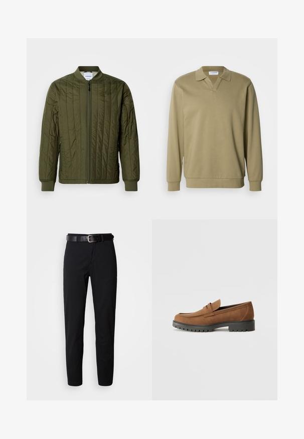 Veste bomber matelassée, couleur vert olive, avec fermeture éclair sur le devant, poignets et ourlet côtelés. Comprend des poches latérales et un design classique sans col.; Polo kaki à manches longues avec col en V, confectionné en matière douce. Doté d'un col classique et de poignets côtelés, avec une coupe décontractée.; Pantalon noir à coupe droite, avec une texture lisse et une ceinture en cuir noir avec une boucle en métal argenté. Design simple, sans motifs ni accents.; Mocassins en daim marron avec un bout arrondi et une semelle noire en caoutchouc basse, présentant une sangle décorative et des détails de couture sur le dessus.