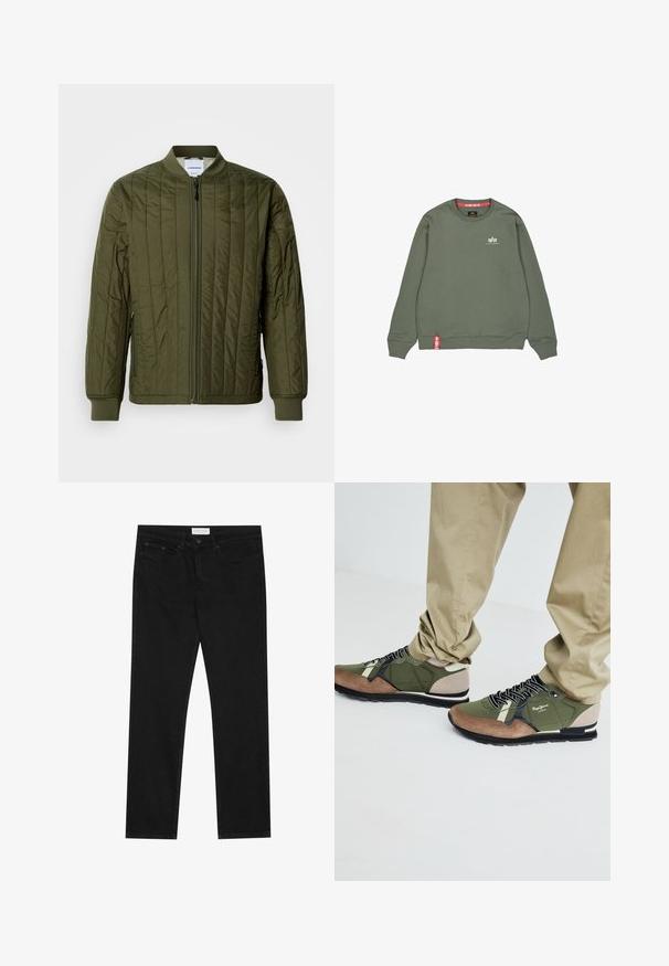 Olivgrüne, gesteppte Bomberjacke mit einem Reißverschluss vorne, gerippten Bündchen und Saum. Verfügt über Seitentaschen und ein klassisches kragenloses Design.; Olivenfarbener Sweatshirt aus weichem Material, mit Rundhalsausschnitt, gerippten Bündchen, Logo in Weiß und einem roten Akzentetikett am Saum.; Schwarze gerade Jeans mit Fünf-Taschen-Design, Knopf- und Reißverschluss, und einem Pier One-Label am Bund.; Grüne und braune Sportschuhe aus Wildleder und Nylon, mit schwarzen Schnürsenkeln, einem gemusterten Design und einer Gummisohle.