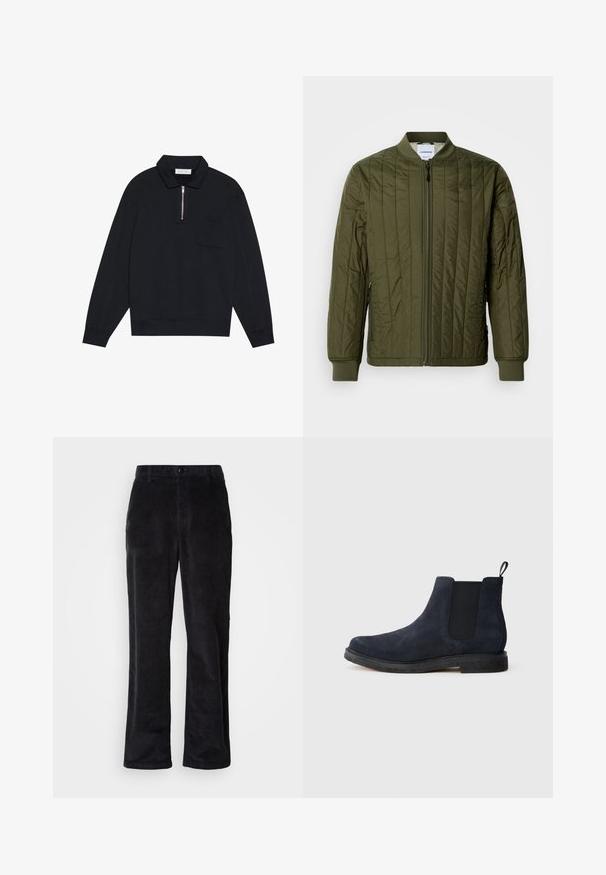 Oliven grøn, quiltet bomberjakke med lynlås foran, ribbede manchetter og kant. Har sidelommer og et klassisk kravefrit design.; Pier One Sweatshirt - black; Fløjlsbukser i mørk sort med et lige ben-design, der har knaplukning, bæltestropper og sidelommer til funktionel brug.; Marineblå ruskinds Chelsea-støvle med sort elastisk sidepanel, hjælpestrop ved hælen og sort gummisål på en hvid baggrund.