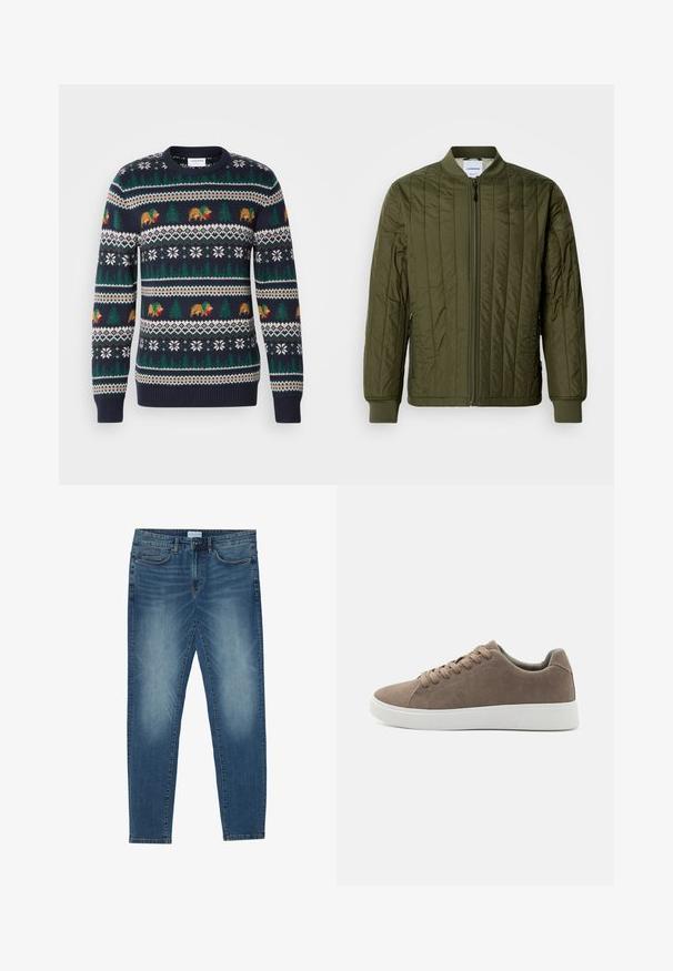 Veste bomber matelassée, couleur vert olive, avec fermeture éclair sur le devant, poignets et ourlet côtelés. Comprend des poches latérales et un design classique sans col.; Pull en tricot bleu marine avec un motif de vacances comprenant des ours, des arbres et des flocons de neige en vert, marron et blanc. Bords côtelés aux poignets et à l'ourlet.; Jean en denim bleu moyen avec un délavage léger, design à cinq poches, coupe droite et accents cousus. Fermeture par bouton et zip.; Baskets en daim marron avec des semelles en caoutchouc blanc plat, design lacé, bout rond et texture lisse. Style minimaliste avec des détails de couture subtils.