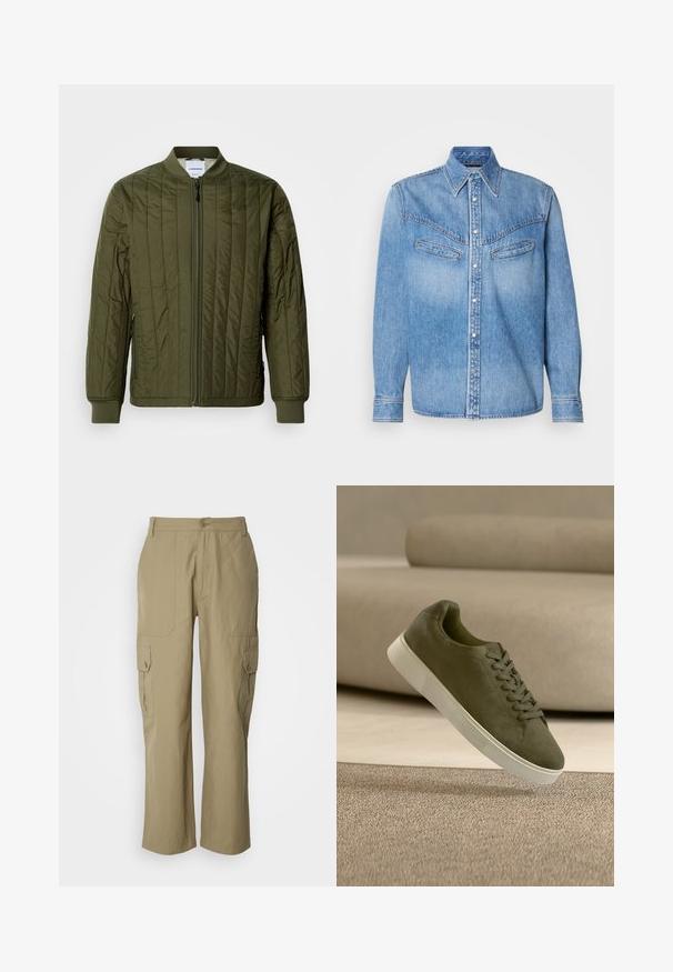 Oliven grøn, quiltet bomberjakke med lynlås foran, ribbede manchetter og kant. Har sidelommer og et klassisk kravefrit design.; LYSEBLÅ DENIMSKJORTE MED LANGE ÆRMER, SPIDSE KRAVE, TO BRYSTLOMMER OG KNAPLUKNING FORAN. HAR HVITE KNAPPER OG KONTRASTSYMNING.; Beige cargo bukser lavet af letvægtsstof, med to sidelommer, knaplukning og lige ben design.; Sneaker i olivengrønt ruskind med hvid sål og snørebånd, der svæver over et beige tæppe foran en lysebeige sofa.