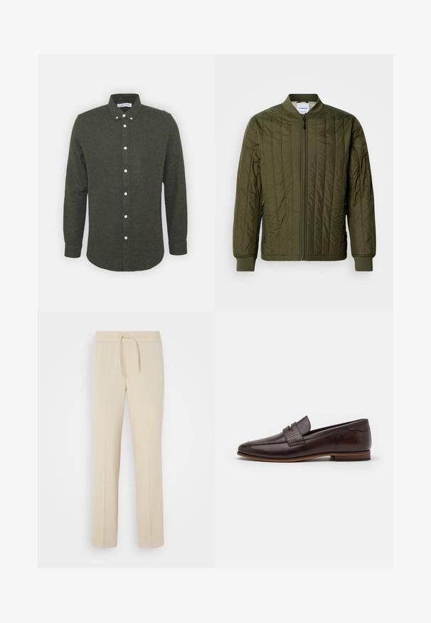 Veste bomber matelassée, couleur vert olive, avec fermeture éclair sur le devant, poignets et ourlet côtelés. Comprend des poches latérales et un design classique sans col.; Chemise boutonnée vert foncé avec un col, des manches longues et des boutons blancs. Tissu doux et texturé avec un ourlet légèrement arrondi.; Pantalons beiges à taille élastique avec cordon de serrage. Comprend des jambes droites et une texture lisse, adaptés pour un usage décontracté ou pour se détendre.; Mocassin en cuir brun avec un accent tressé sur le dessus, finition lisse, bout légèrement pointu et un talon bas empilé.