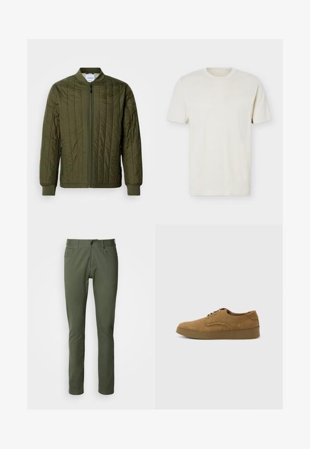 Oliven grøn, quiltet bomberjakke med lynlås foran, ribbede manchetter og kant. Har sidelommer og et klassisk kravefrit design.; Simpel, off-white T-shirt med korte ærmer og rund hals, med diskret logo på venstre bryst, vist mod en hvid flad baggrund.; Olivenfarvede bukser lavet af bomuldsblanding, med klassisk lige pasform, fem lommer og metalknaplukning. Glat tekstur.; Brun ruskindslærredsko med snørebånd og flad gummisål, set fra siden på en ensfarvet lys baggrund.