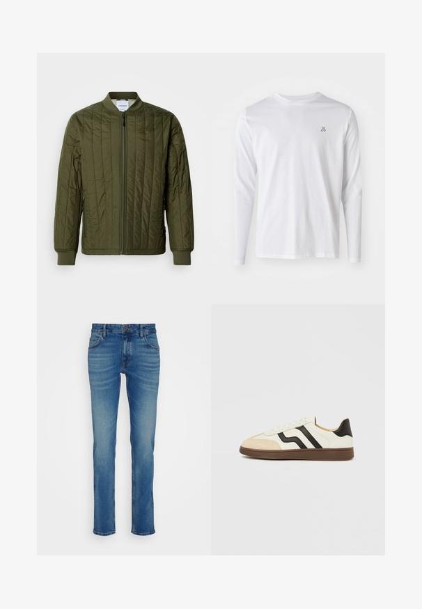 Ελαιοπράσινη, επενδεδυμένη μπomber jacket με φερμουάρ μπροστά, ραμμένες μανσέτες και στρίφωμα. Διαθέτει πλαϊνές τσέπες και κλασικό σχέδιο χωρίς γιακά.; Λευκό πουκάμισο από βαμβάκι με μακριά μανίκια, που διαθέτει στρογγυλή λαιμόκοψη και ένα μικρό λογότυπο "M OP" σε σκούρο μπλε χρώμα στο αριστερό στήθος. Λείο ύφασμα.; Μπλε τζιν παντελόνι με ίσια γραμμή, πέντε τσέπες και λάστιχο με κουμπί, με ελαφριά φθορά και λεπτομέρειες από εκτροχιασμό.; Λευκό δερμάτινο αθλητικό παπούτσι με μαύρες ρίγες και μπεζ σουέντ δάχτυλο. Λαστιχένια σόλα σε σκούρο καφέ. Κορδόνια και επενδεδυμένος γιακάς ολοκληρώνουν το σχέδιο.