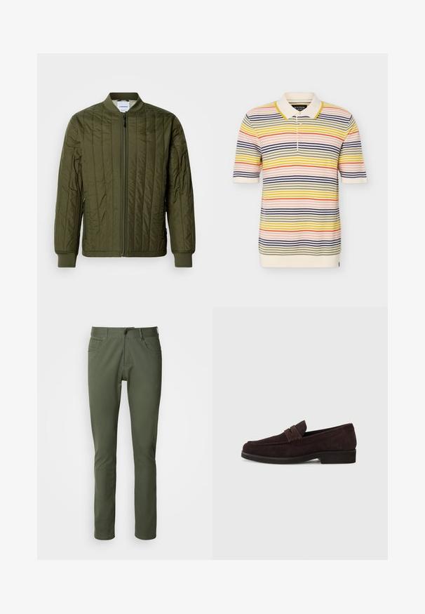 Oliven grøn, quiltet bomberjakke med lynlås foran, ribbede manchetter og kant. Har sidelommer og et klassisk kravefrit design.; Strik polo t-shirt med korte ærmer og horisontale striber i gult, orange, marineblåt, pink og olivengrønt på en cremefarvet baggrund.; Olivenfarvede bukser lavet af bomuldsblanding, med klassisk lige pasform, fem lommer og metalknaplukning. Glat tekstur.; Brune ruskinds loafers med lav profil og rund tå. Har en dekorativ rem over det øverste, flad gummisål og ingen synlig syning.