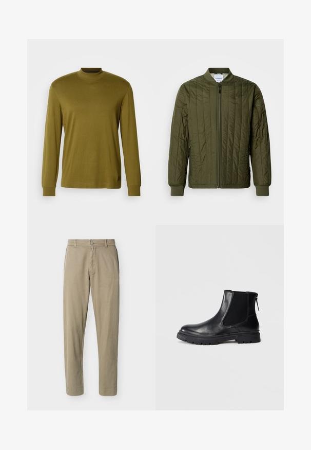 Olivgrüne, gesteppte Bomberjacke mit einem Reißverschluss vorne, gerippten Bündchen und Saum. Verfügt über Seitentaschen und ein klassisches kragenloses Design.; Olivengrünes Langarm-Turtleneck-Shirt aus weicher Stoff, mit taillierter Passform und geripptem Kragen sowie Ärmeln.; Beige Baumwollhosen mit geradem Schnitt, Gürtelschlaufen, vorderer Knopfleiste und Reißverschluss, dargestellt vor einem schlichten weißen Hintergrund.; Schwarze Leder-Ankle-Boots mit einer glatten Oberfläche, elastischen Mesh-Seitenteilen und einer robusten Sohle mit sichtbarem Profil.