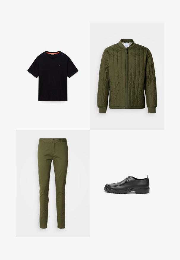 Oliven grøn, quiltet bomberjakke med lynlås foran, ribbede manchetter og kant. Har sidelommer og et klassisk kravefrit design.; Sort kortærmet T-shirt med rund hals, lille logo på brystet og orange detalje i den indvendige krave, lagt fladt på en hvid baggrund.; Olivenfarvede chinos lavet af en bomuldsblanding, med lige pasform, lynlås og forlommer. Glat tekstur med minimal detaljering.; Sorte lædersko med en glat overflade, rund tå og dekorativ stikning. Har en gummisål med skridsikre spor og snørebåndsdesign.