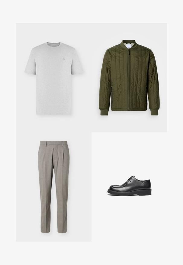 Veste bomber matelassée, couleur vert olive, avec fermeture éclair sur le devant, poignets et ourlet côtelés. Comprend des poches latérales et un design classique sans col.; T-shirt uni gris clair à manches courtes, col rond, avec un petit logo brodé discret sur le côté gauche de la poitrine.; Pantalon gris clair sur mesure à jambes droites, passants pour ceinture, plis avant et taille nette sur fond blanc.; Chaussures en cuir noir avec un bout rond, des accents de couture droite et une semelle en caoutchouc à profil bas. Design classique et épuré, fermeture à lacets.