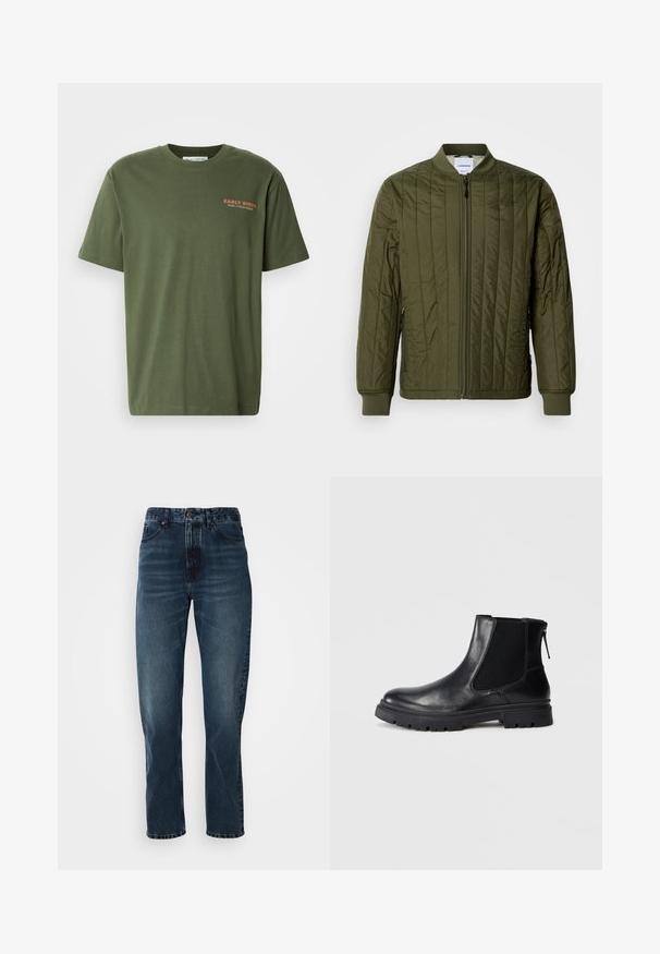 Ελαιοπράσινη, επενδεδυμένη μπomber jacket με φερμουάρ μπροστά, ραμμένες μανσέτες και στρίφωμα. Διαθέτει πλαϊνές τσέπες και κλασικό σχέδιο χωρίς γιακά.; Ελιξίδενη βαμβακερή μπλούζα κοντό μανίκι με στρογγυλή λαιμόκοψη. Έχει κείμενο "EARLY BIRDS" σε πορτοκαλί χρώμα στο στήθος. Λείος υφή.; Σκούρο μπλε τζιν παντελόνι σε ίσια γραμμή με κούμπωμα μπροστά και φερμουάρ, πέντε τσέπες και διακριτική φθορά στους μηρούς και τα γόνατα.; Μαύρη δερμάτινη μποτάκι μέχρι τον αστράγαλο με λείο φινίρισμα, πλευρικές πάνελ από ελαστικό δίχτυ και ανθεκτική σόλα με ορατό σχέδιο πέλματος.