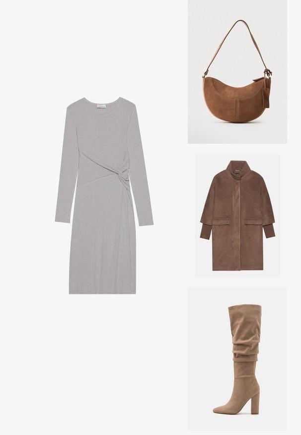 Manteau en laine marron avec un col haut, deux poches avant et des poignets côtelés. Le tissu a une texture douce et une finition lisse.; Robe grise à manches longues en côtes avec un design noué à la taille, dotée d'un col rond et d'une silhouette ajustée.; Anna Field by Zalando Bottes - beige; Sac à main en daim marron de forme courbée en demi-lune. Il est doté d'une bandoulière, d'une petite étiquette et de coutures visibles le long des bords.
