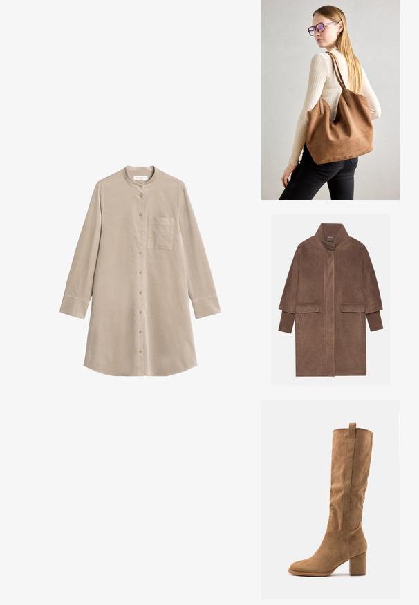Manteau en laine marron avec un col haut, deux poches avant et des poignets côtelés. Le tissu a une texture douce et une finition lisse.; Chemise beige à manches longues avec col montant, poche poitrine unique et coupe décontractée. Fabriquée en tissu léger et texturé.; Botte en daim beige hauteur genou avec un talon bloc, présentant des accents cousus et une silhouette épurée pour un look moderne.; Sac fourre-tout en daim marron avec une texture douce, grande ouverture et longues sangles. Présente un design simple avec des coutures visibles et sans matériel.