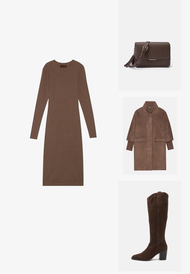 Brauner Wollmantel mit hohem Kragen, zwei Fronttaschen und gerippten Bündchen. Der Stoff hat eine weiche Textur und eine glatte Oberfläche.; Anna Field by Zalando Jerseykleid - brown; Anna Field by Zalando LEATHER - High Heel Stiefel - brown; Braune Schultertasche aus Kunstleder mit Klappenverschluss, goldfarbener Hardware und seitlichem Quasten-Detail. Verstellbarer Riemen für vielseitigen Tragekomfort.