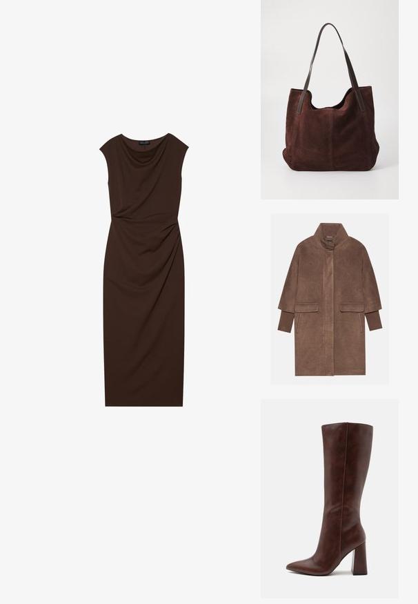 Manteau en laine marron avec un col haut, deux poches avant et des poignets côtelés. Le tissu a une texture douce et une finition lisse.; Robe marron longueur genou en tissu lisse, avec un décolleté drapé, des manches courtes et des ruchés sur un côté.; Botte haute en cuir marron avec bout pointu et talon bloc épais, vue de côté sur un fond clair uni.; Sac fourre-tout en daim marron avec deux anses en cuir noir. Texture douce, haut arrondi et un intérieur spacieux. Aucun matériel ou embellissement visible.