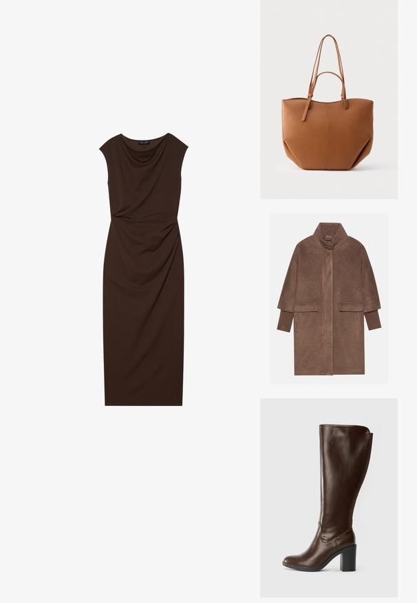 Manteau en laine marron avec un col haut, deux poches avant et des poignets côtelés. Le tissu a une texture douce et une finition lisse.; Robe marron longueur genou en tissu lisse, avec un décolleté drapé, des manches courtes et des ruchés sur un côté.; Botte en cuir marron foncé, arrivant jusqu'au genou, avec un bout arrondi et un talon bloc, au fini lisse et avec un panneau élastique à l'arrière.; Sac fourre-tout en simili cuir camel avec deux longues poignées, une forme arrondie, une couture visible et des détails de coutures verticales. Texture lisse.